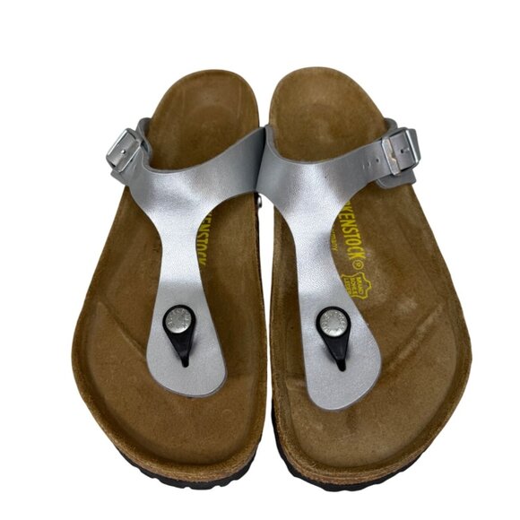 Birkenstock Gizeh Silver Leather Thong Sandals Size 38 NEW - Picture 1 of 5